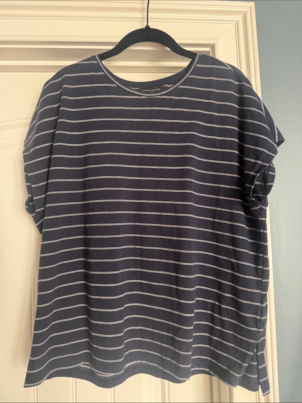 Banana Republic Navy and White Striped Short-Sleeve Tee